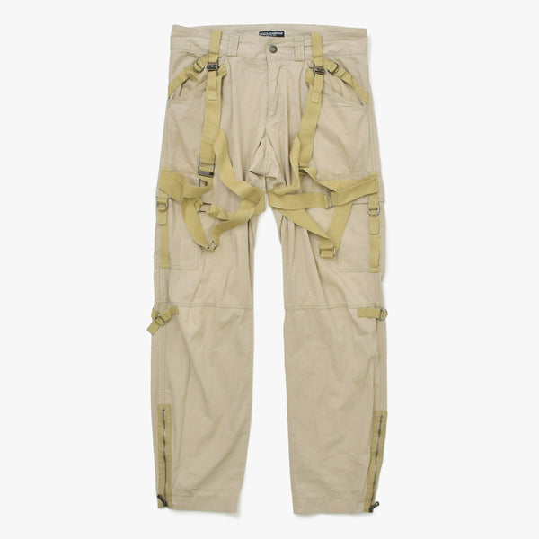 DOLCE&GABBANA ドルチェアンドガッバーナ パラシュート ボンテージカーゴパンツ VP29T U6CB コットン ベージュ ブラックメタル金具 サイズ48 美品 中古 4a001868