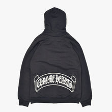 Load image into Gallery viewer, CHROME HEARTS クロムハーツ オールド スクロールラベル ロゴ サーマル ダガー ジップアップ フーディー サイズS ブラック ホワイト コットン シルバー金具 美品 中古 4b011920