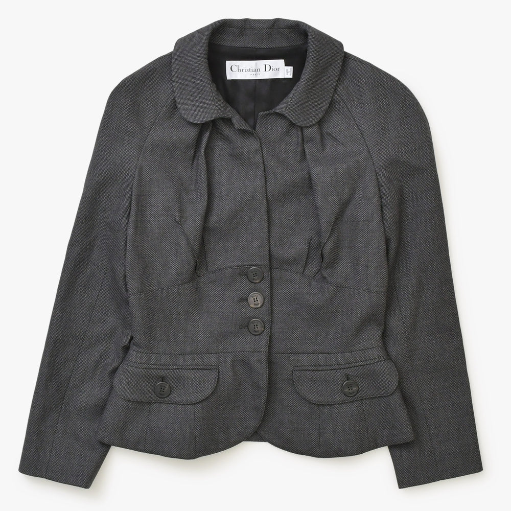 極美品 Christian Dior クリスチャンディオール ウエストシェイプジャケット バージャケット 丸襟 ブラック アウター 中古 4a001952