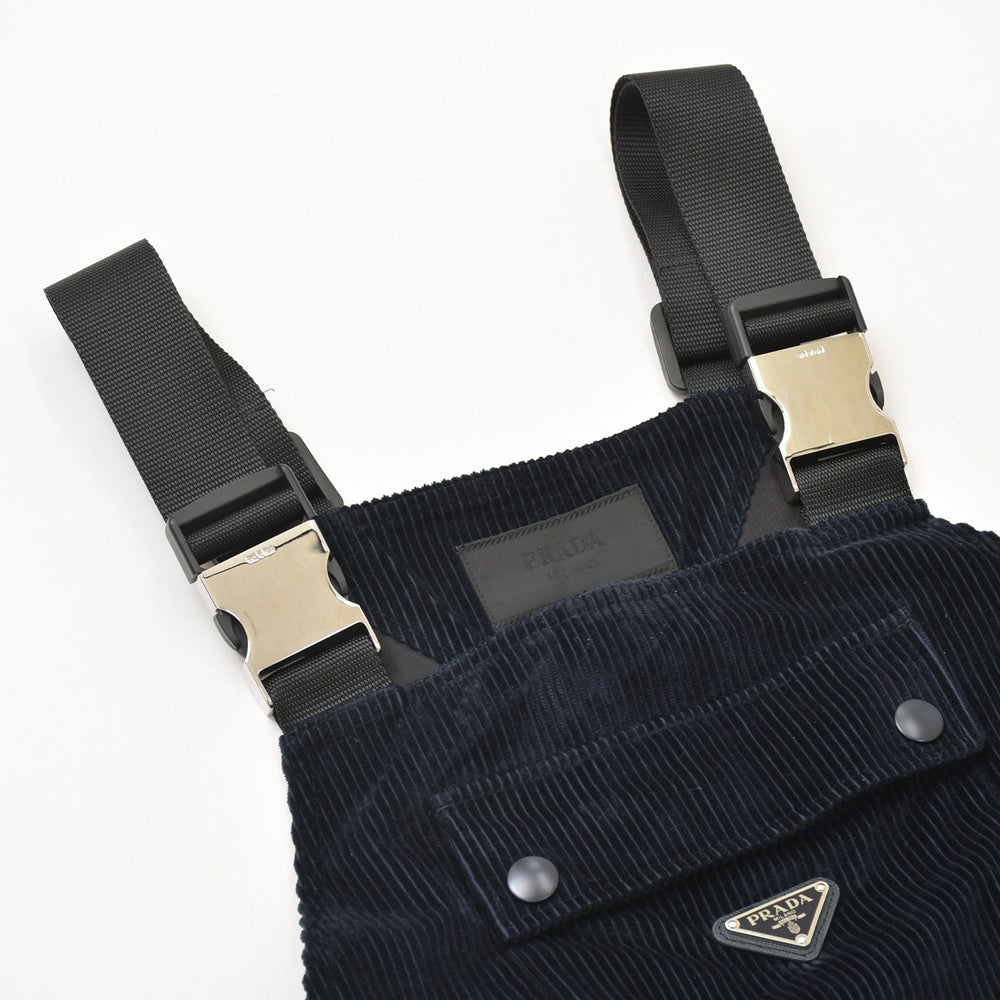 Very Good Condition PRADA Corduroy Overalls Corduroy Fabric Navy Triangle Logo Shoulder Strap Overalls 50 Size Used 4a001966