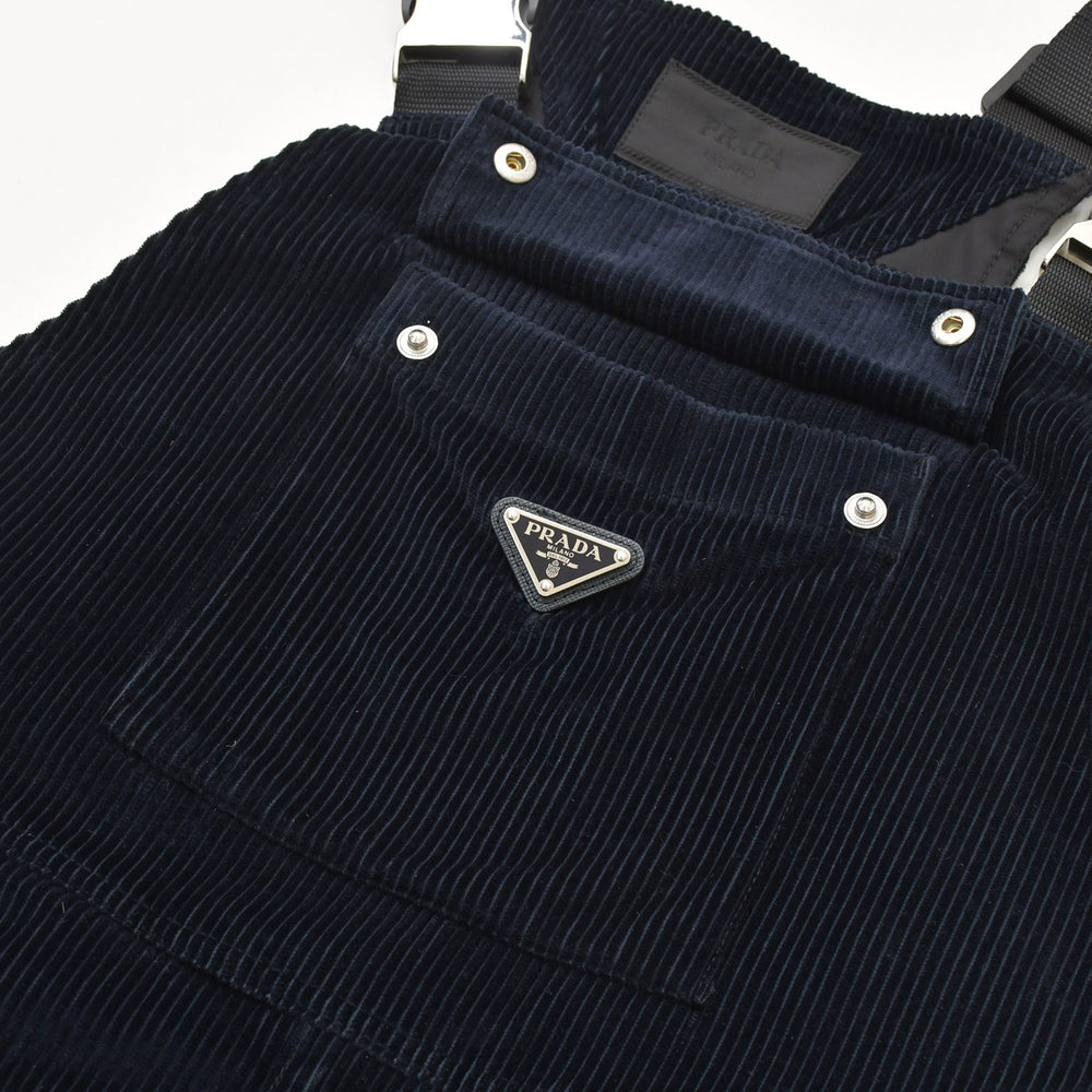 Very Good Condition PRADA Corduroy Overalls Corduroy Fabric Navy Triangle Logo Shoulder Strap Overalls 50 Size Used 4a001966