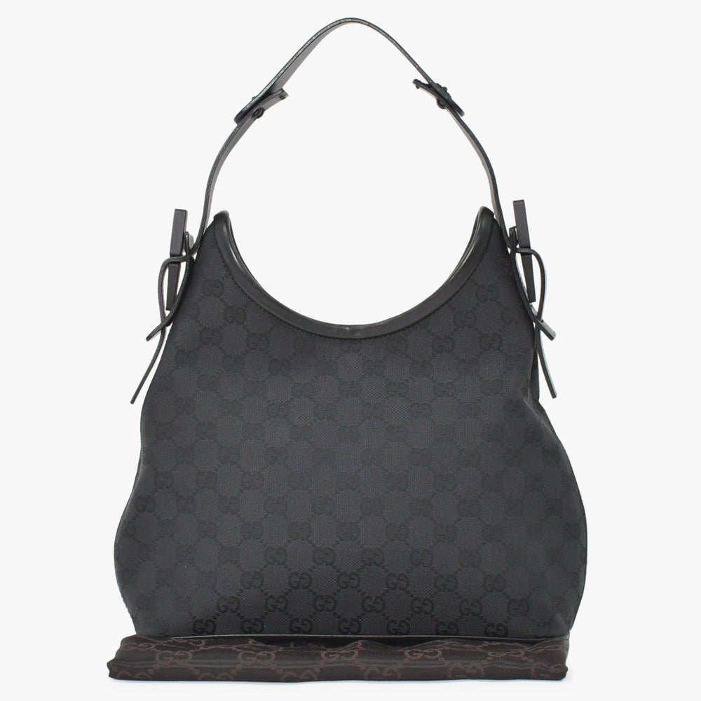 極美品 GUCCI グッチ ホーボー ワンショルダー ハンドバッグ 130738 214397 GGキャンバス レザー ブラック ゴールド金具 中古 4a000212