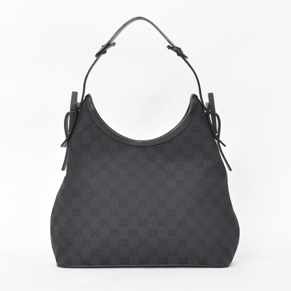 Very Good Condition GUCCI Gucci Hobo One Shoulder Handbag 130738 214397 GG Canvas Leather Black Gold Hardware Used 4a000212