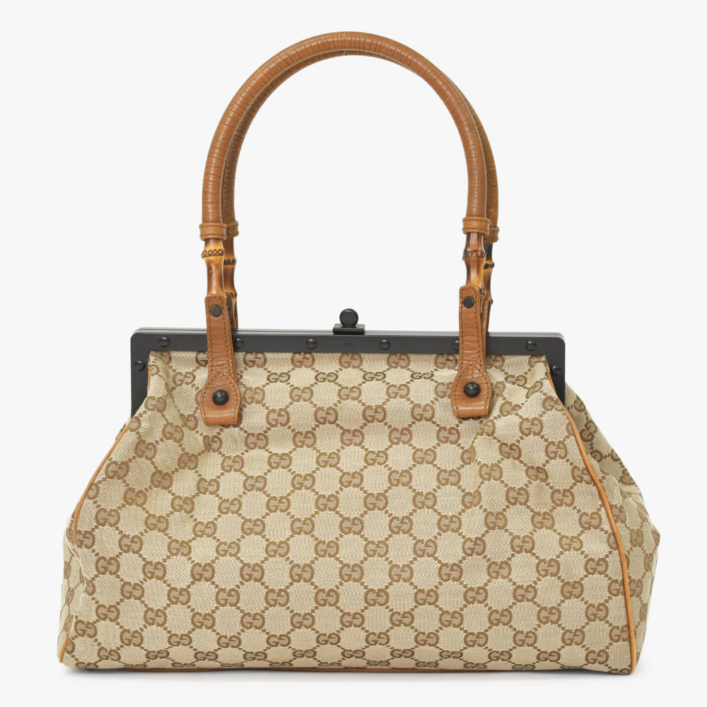 極美品 GUCCI グッチ GGキャンバス バンブーハンドル ガマロ ハンドバッグ ベージュ 111754 ブラウン ブラック 中古 4a002044