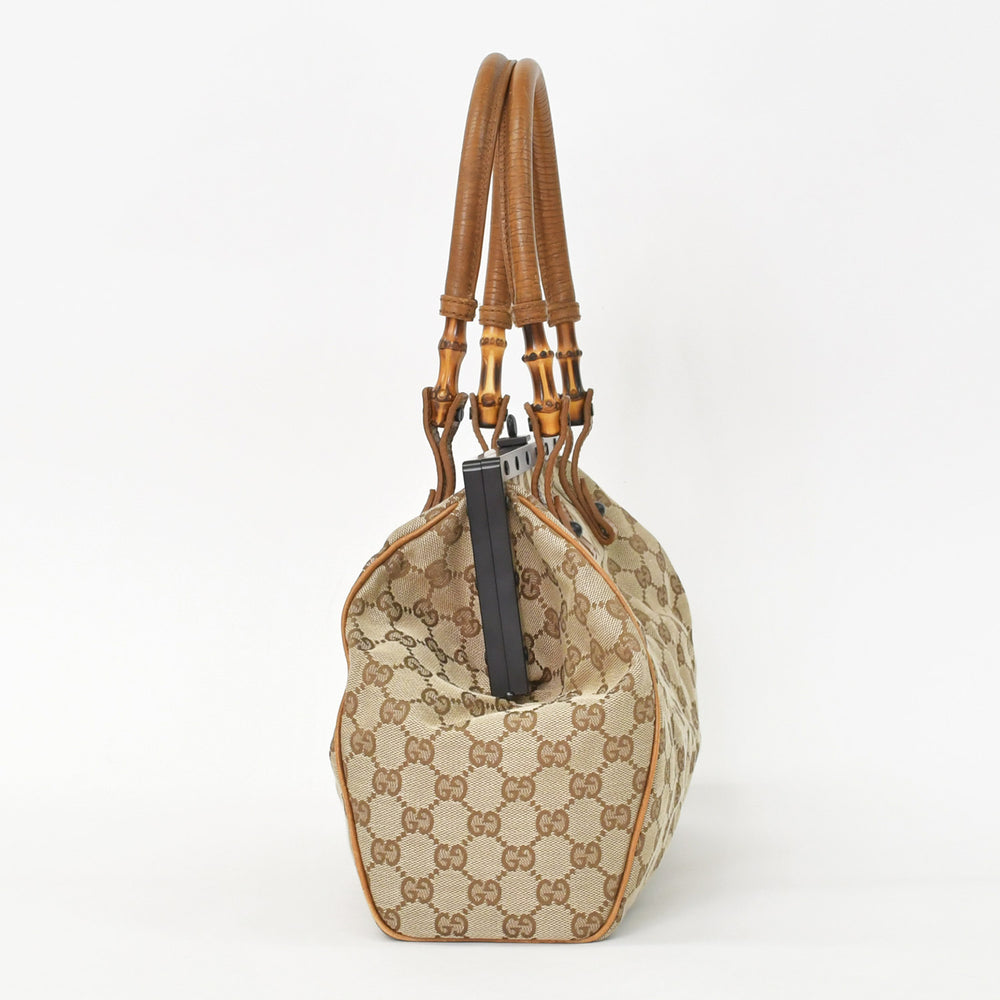 極美品 GUCCI グッチ GGキャンバス バンブーハンドル ガマロ ハンドバッグ ベージュ 111754 ブラウン ブラック 中古 4a002044