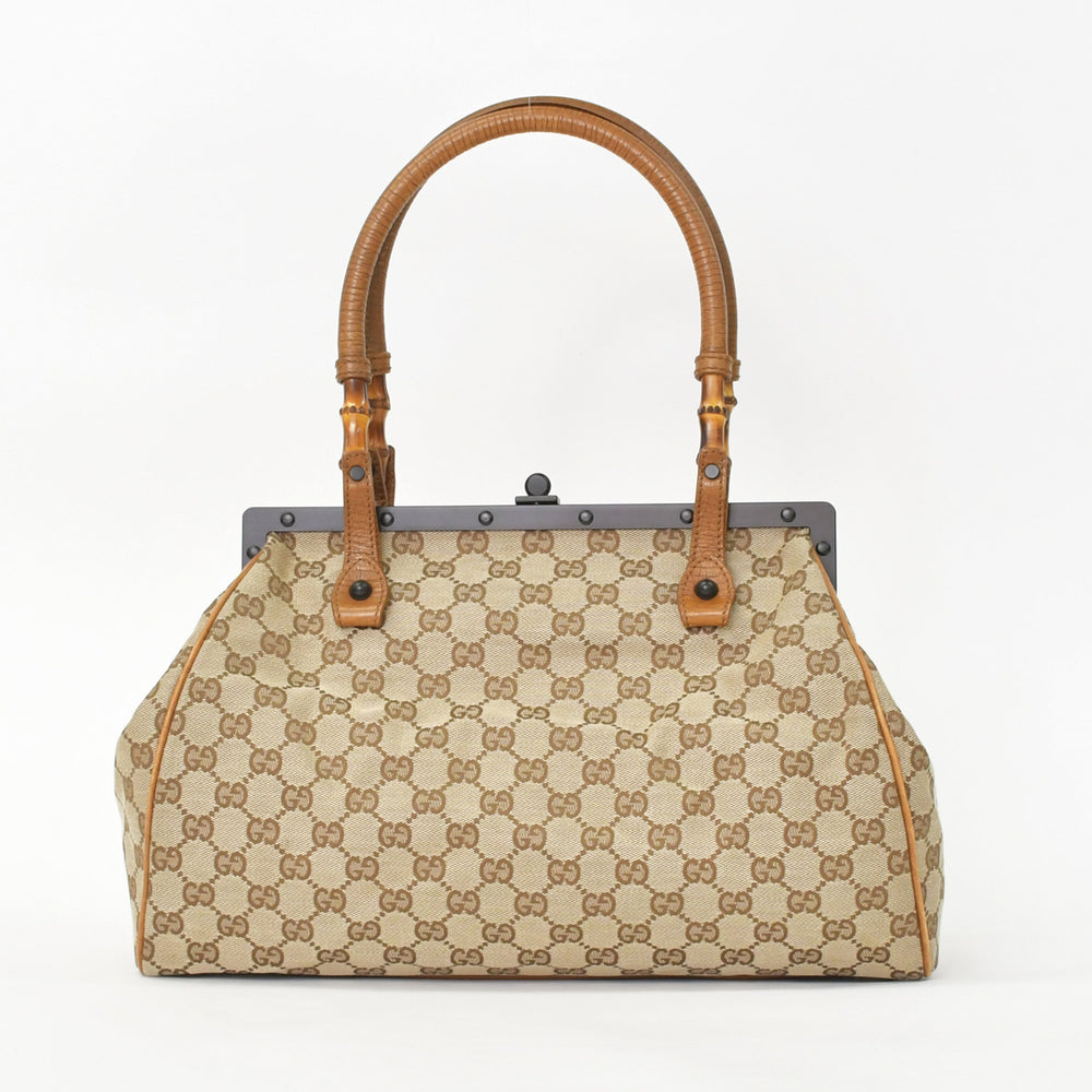 Very Good Condition GUCCI GG Canvas Bamboo Handle Gamalo Handbag Beige 111754 Brown Black Used 4a002044
