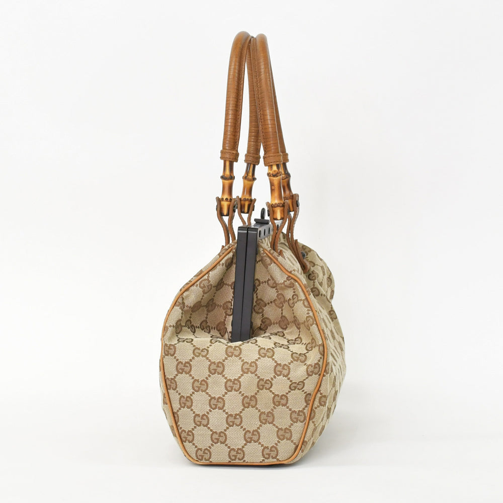 Very Good Condition GUCCI GG Canvas Bamboo Handle Gamalo Handbag Beige 111754 Brown Black Used 4a002044