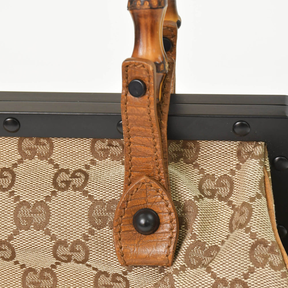 Very Good Condition GUCCI GG Canvas Bamboo Handle Gamalo Handbag Beige 111754 Brown Black Used 4a002044