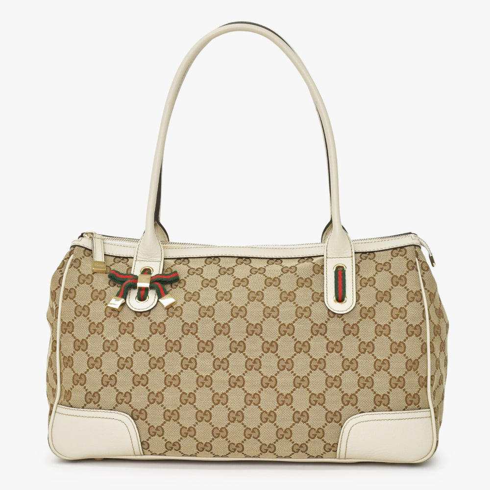 GUCCI グッチ ハンドバッグ 177052 GGキャンバス シェリーライン レザー ベージュ ゴールド金具 美品 中古 4a002055