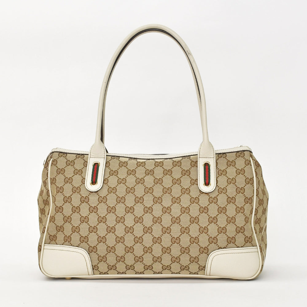 GUCCI グッチ ハンドバッグ 177052 GGキャンバス シェリーライン レザー ベージュ ゴールド金具 美品 中古 4a002055