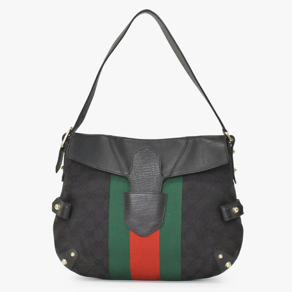 極美品 GUCCI グッチ GGキャンバス ショルダーバッグ ゴールド金具 131096 ブラック グリーン レッド 中古 4a002079