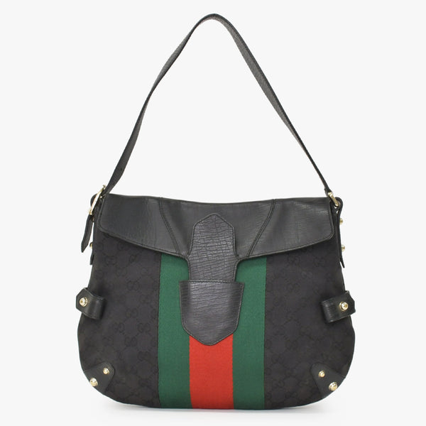 極美品 GUCCI グッチ GGキャンバス ショルダーバッグ ゴールド金具 131096 ブラック グリーン レッド 中古 4a002079