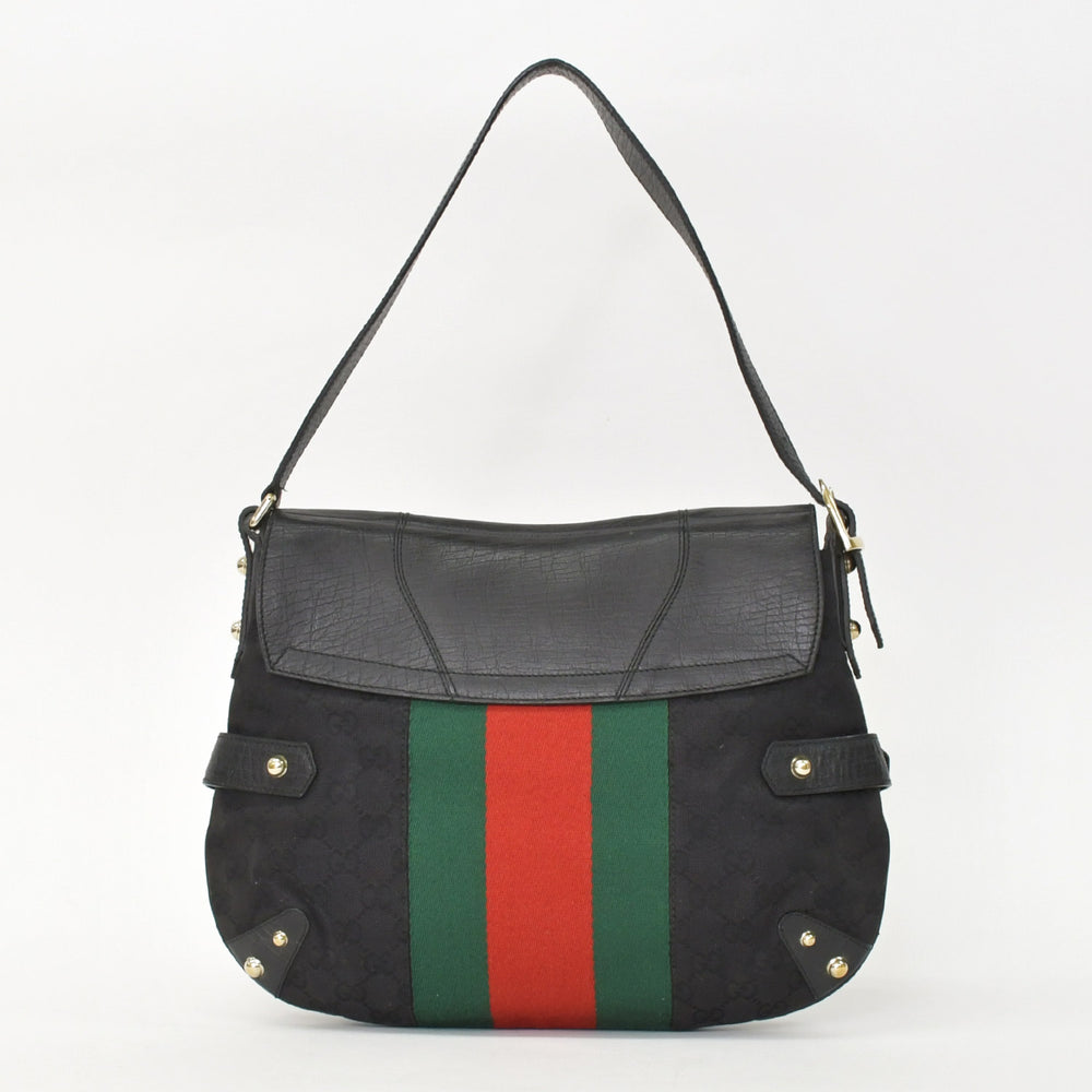 Very good condition GUCCI GG canvas shoulder bag gold hardware 131096 black green red used 4a002079