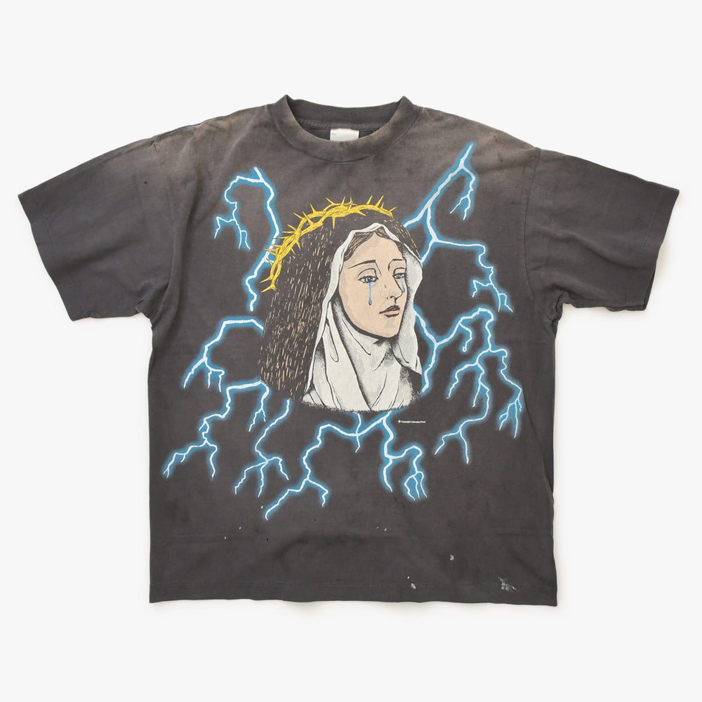 新品未使用 SAINT Mxxxxxx セントマイケル MARIA SS TEE 聖母マリア ブラック ヴィンテージ加工 稲妻 Lサイズ 中古 4a002168