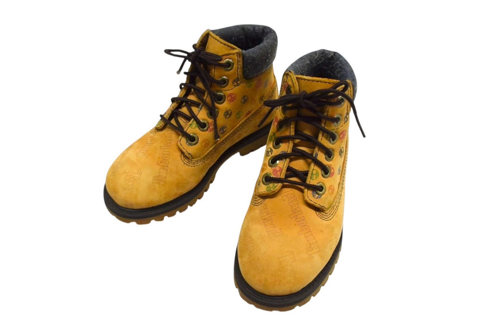 TIMBERLAND ティンバーランド 6inchブーツ イエローブーツ マルチカラー ロゴ総柄 キッズ サイズ17.5cm 良品 中古 4b000226