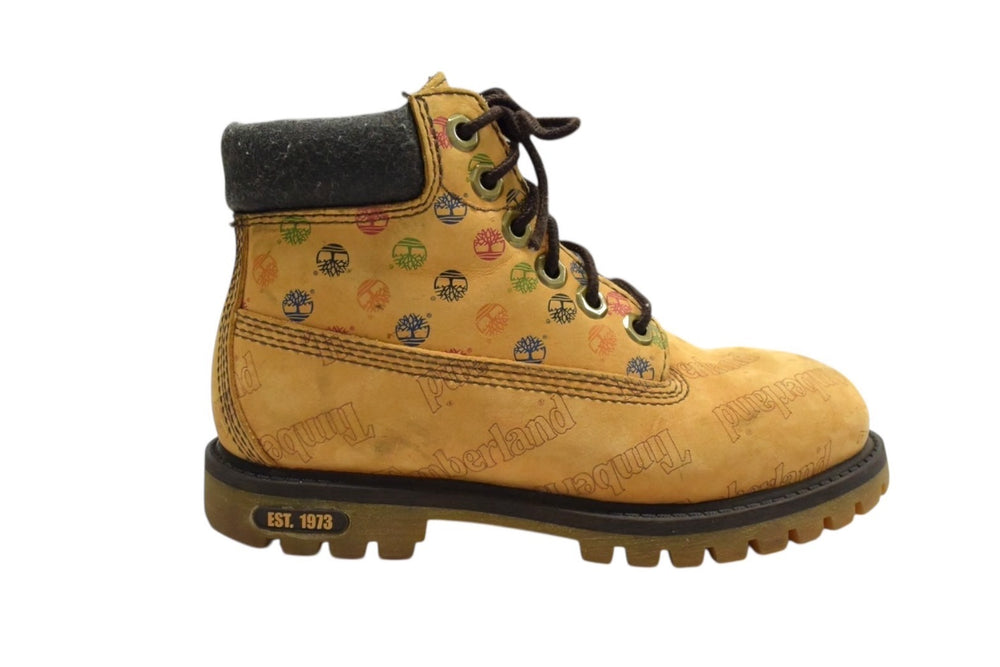 TIMBERLAND ティンバーランド 6inchブーツ イエローブーツ マルチカラー ロゴ総柄 キッズ サイズ17.5cm 良品 中古 4b000226