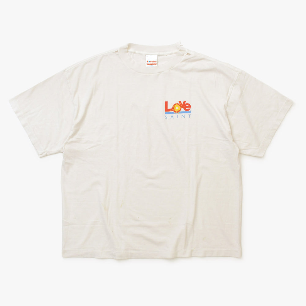 新品未使用 SAINT Mxxxxxx セントマイケル SS TEE LOVE ヴィンテージ加工 ホワイト オーバーシルエット パロディロゴ 中古 4a002315