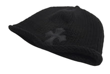 画像をギャラリービューアに読み込む, CHROME HEARTS クロムハーツ レザークロスパッチ クロスボール カシミヤビーニー ニット帽 レザー ブラック 美品 中古 4b002355