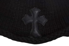 画像をギャラリービューアに読み込む, CHROME HEARTS クロムハーツ レザークロスパッチ クロスボール カシミヤビーニー ニット帽 レザー ブラック 美品 中古 4b002355