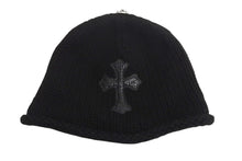 画像をギャラリービューアに読み込む, CHROME HEARTS クロムハーツ レザークロスパッチ クロスボール カシミヤビーニー ニット帽 レザー ブラック サイズOS 美品 中古 4b002356