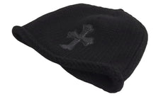 画像をギャラリービューアに読み込む, CHROME HEARTS クロムハーツ レザークロスパッチ クロスボール カシミヤビーニー ニット帽 レザー ブラック サイズOS 美品 中古 4b002356