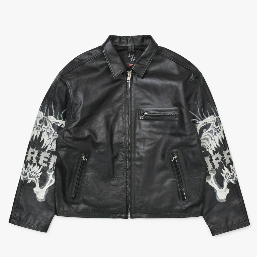 極美品 SUPREME × Yohji Yamamoto Y's by Yohji Yamamoto Leather Jacket カウレザー ブラック ライダース シュプリーム スカル調 2025AW 中古 4a002417