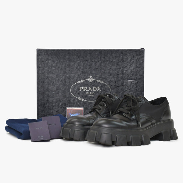 極美品 PRADA プラダ モノリス レースアップ ドロイスレザーナイロン CALZATURE UOMO レザー 2EE342 9サイズ メンズシューズ ブラック NERO 中古 4a002565