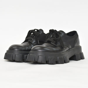 極美品 PRADA プラダ モノリス レースアップ ドロイスレザーナイロン CALZATURE UOMO レザー 2EE342 9サイズ メンズシューズ ブラック NERO 中古 4a002565