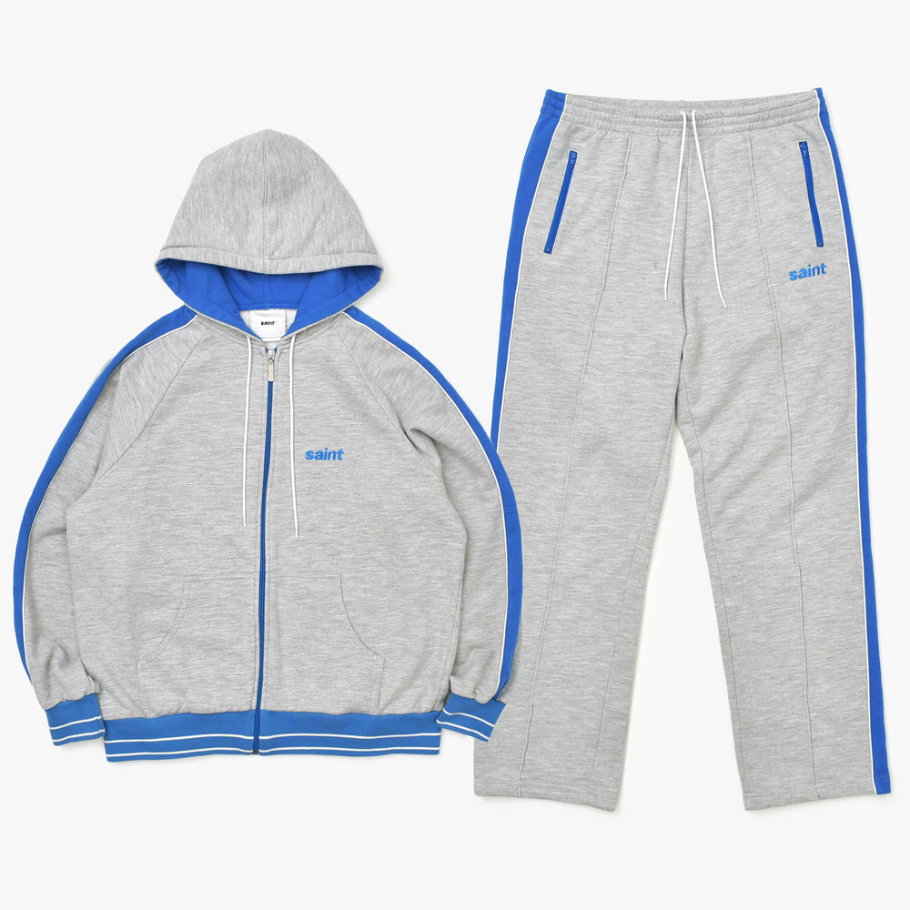 極美品 SAINT Mxxxxxx セントマイケル ZIP HOODIE SIDE LINE/SWEAT PANTS SIDE LINE セットアップ パーカー パンツ スウェット グレー ブルー シルバー金具 中古 4a002599