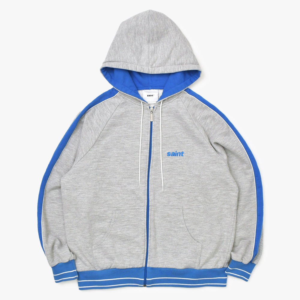 極美品 SAINT Mxxxxxx セントマイケル ZIP HOODIE SIDE LINE/SWEAT PANTS SIDE LINE セットアップ パーカー パンツ スウェット グレー ブルー シルバー金具 中古 4a002599