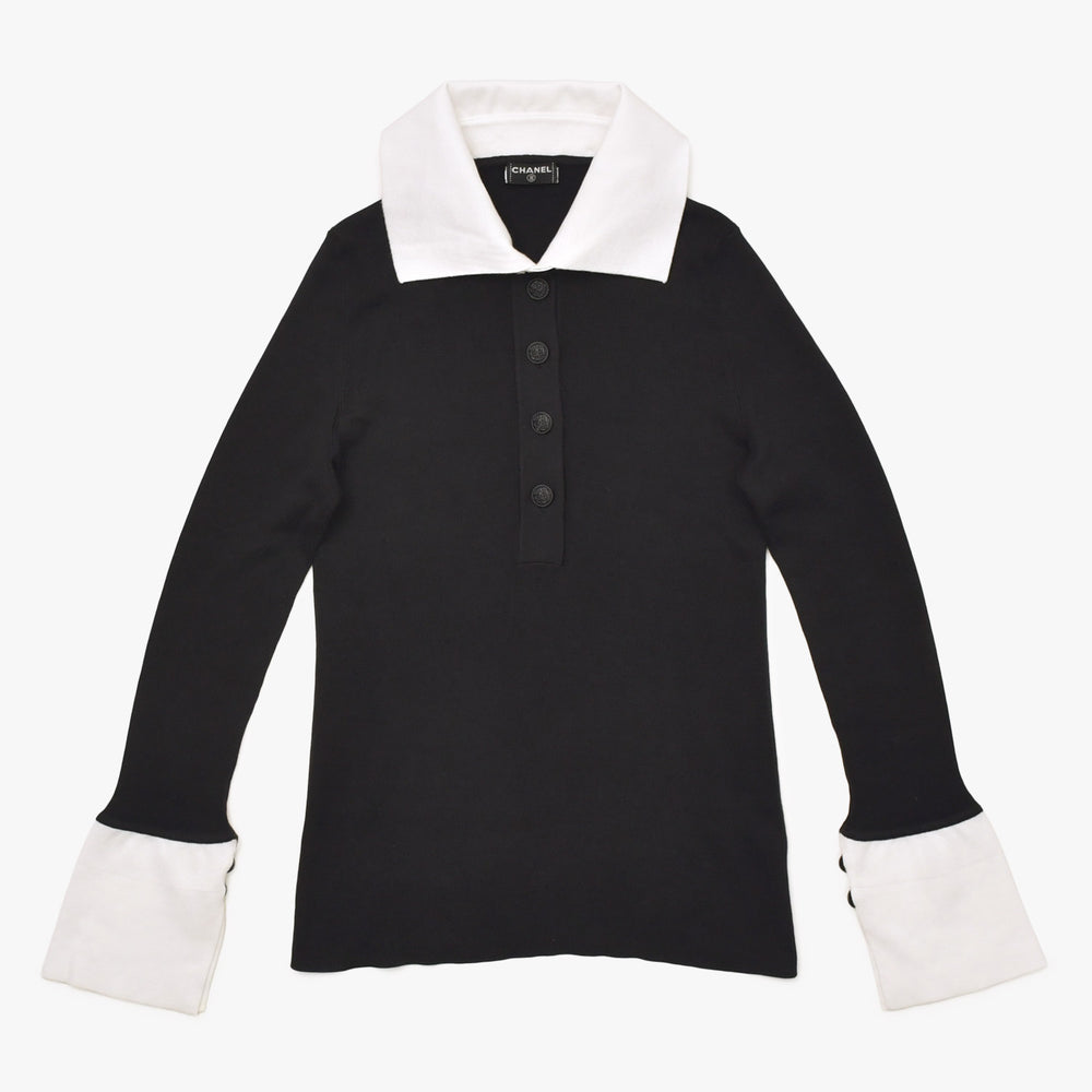 新品同様 CHANEL シャネル 長袖リボンニットポロシャツ P30858 ロングスリーブ K00469 ブラック ホワイト バイカラー ココマーク 2007SS 中古 4a002629