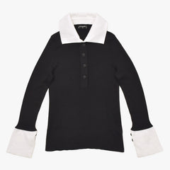 Like new CHANEL long sleeve ribbon knit polo shirt P30858 long sleeve K00469 black white bicolor here mark 2007SS used 4a002629