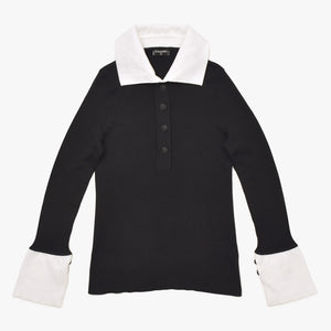 Like new CHANEL long sleeve ribbon knit polo shirt P30858 long sleeve K00469 black white bicolor here mark 2007SS used 4a002629