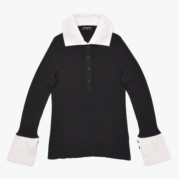 Like new CHANEL long sleeve ribbon knit polo shirt P30858 long sleeve K00469 black white bicolor here mark 2007SS used 4a002629