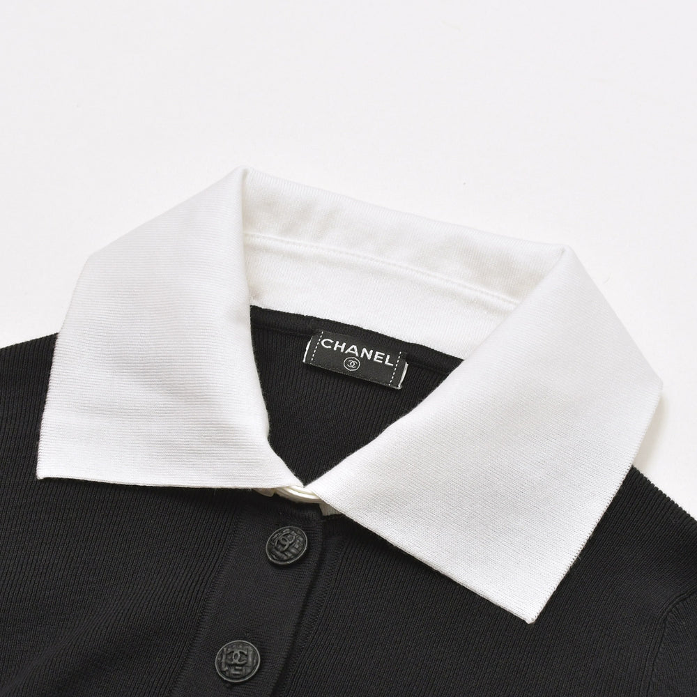 Like new CHANEL long sleeve ribbon knit polo shirt P30858 long sleeve K00469 black white bicolor here mark 2007SS used 4a002629