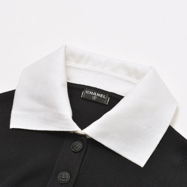 Like new CHANEL long sleeve ribbon knit polo shirt P30858 long sleeve K00469 black white bicolor here mark 2007SS used 4a002629