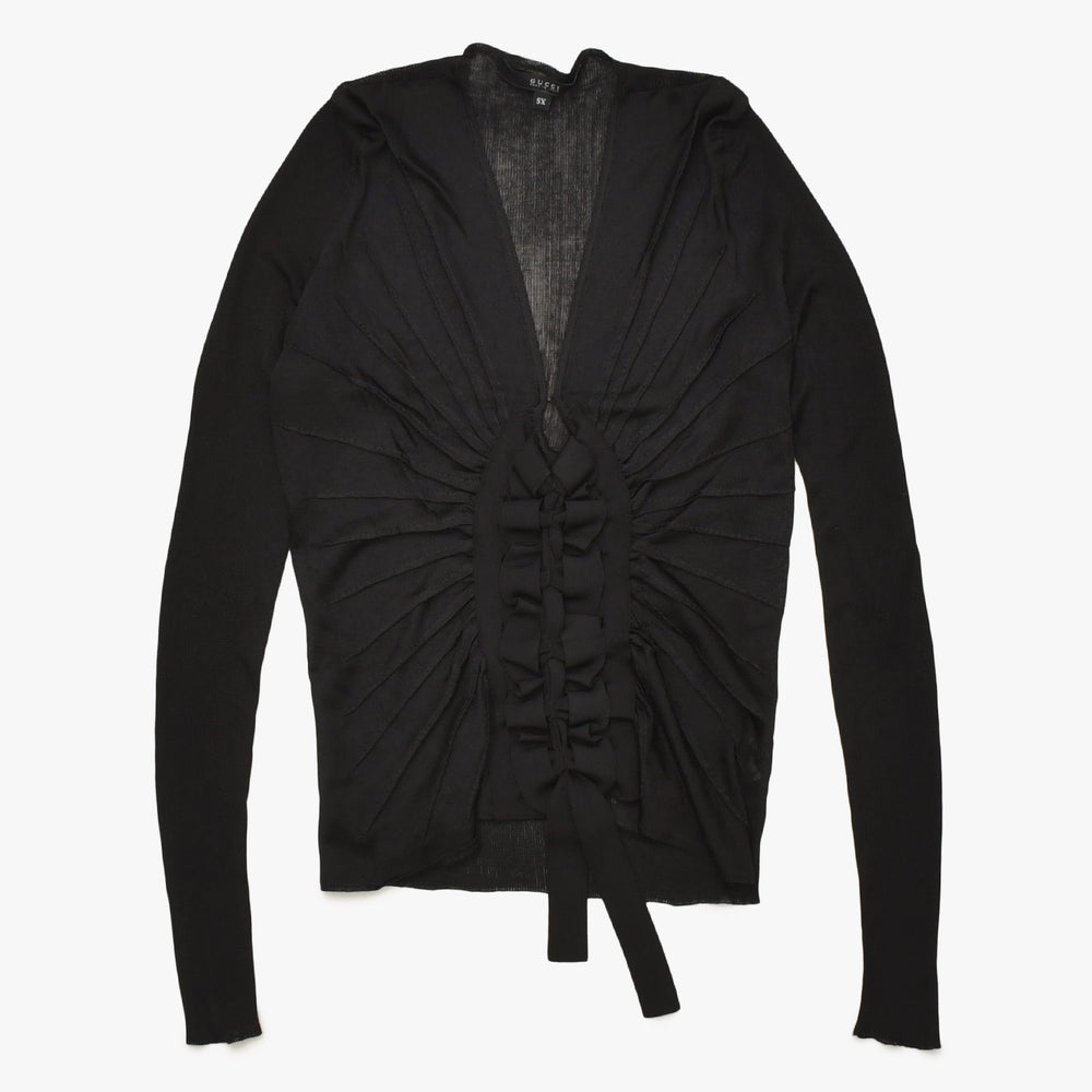 GUCCI グッチ ドレープトップス シースルーシャツ プリーツ ギャザー ブラック シアー トップス リボンデザイン XSサイズ 美品 中古 4a002631