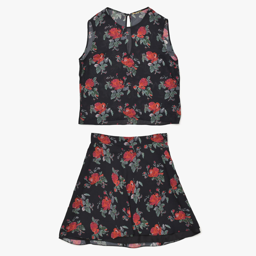 極美品 SAINT LAURENT サンローラン 薔薇柄 スカートセットアップ 384277 トップス サイズ34 スカート サイズ36 中古 4a002645
