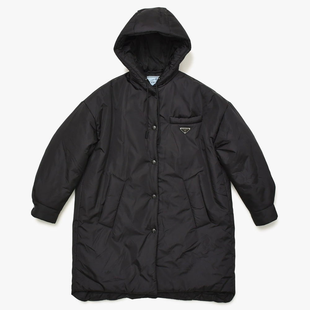 極美品 PRADA プラダ Re-Nylon リナイロン ダウンレインコート 291960 サイズ36 トライアングルロゴプレート ブラック 中古 4a002655