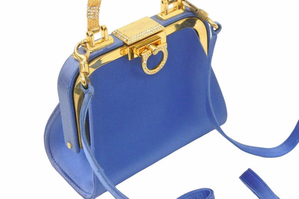 Christian Dior ディオール ヴィンテージ ミニがま口バッグ サテン カバン ブルー ゴールド 美品 中古 29205