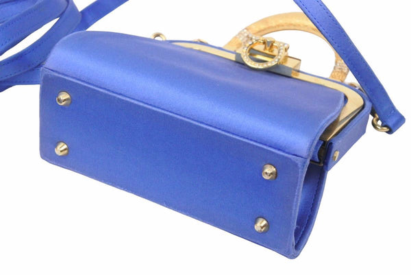 Christian Dior ディオール ヴィンテージ ミニがま口バッグ サテン カバン ブルー ゴールド 美品 中古 29205