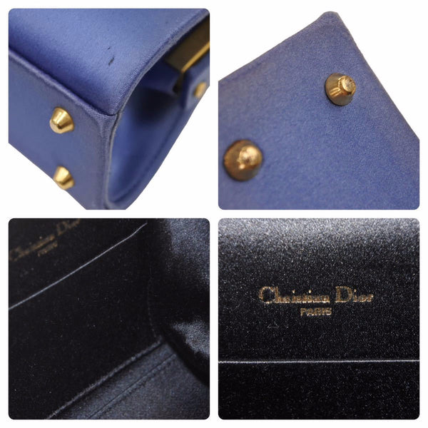 Christian Dior ディオール ヴィンテージ ミニがま口バッグ サテン カバン ブルー ゴールド 美品 中古 29205