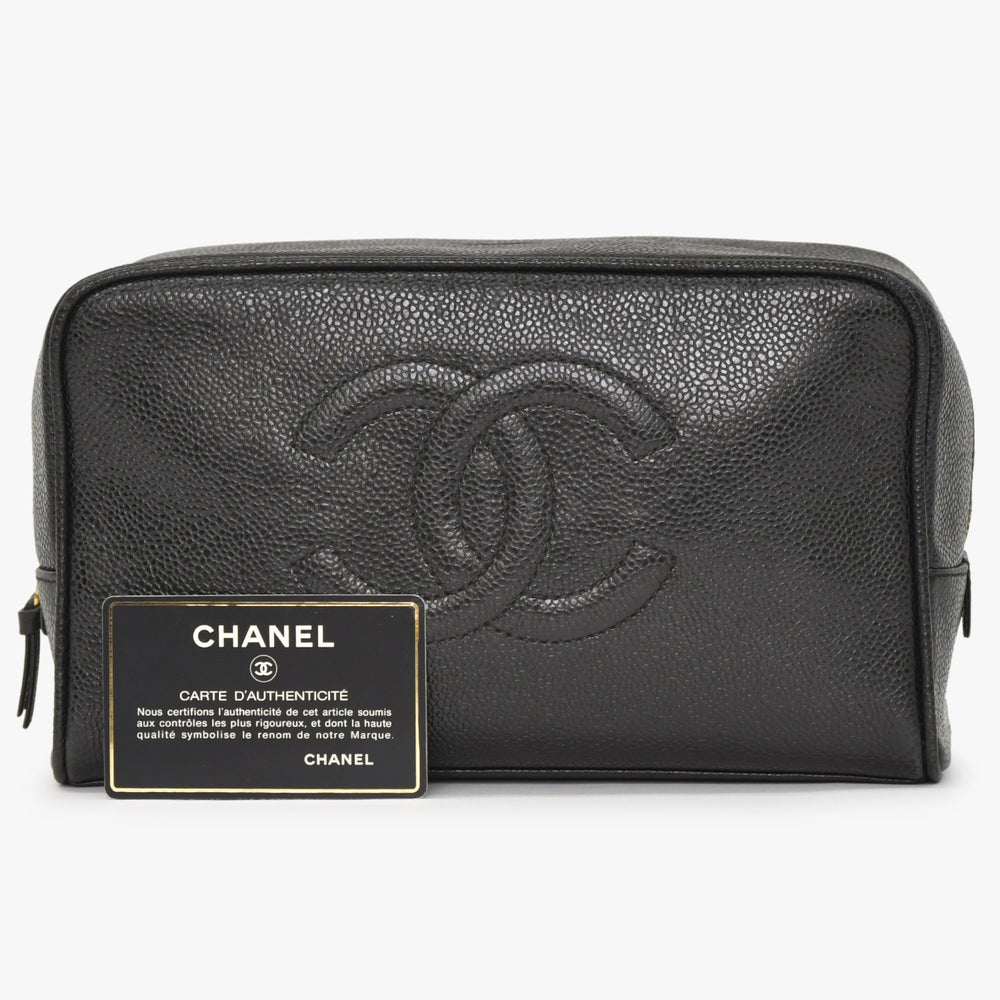 極美品 CHANEL シャネル コスメポーチ キャビアスキン ブラック ココマーク 2番台 クラッチバッグ ゴールド金具 中古 4a002951
