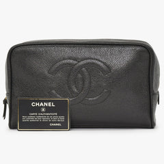 極美品 CHANEL シャネル コスメポーチ キャビアスキン ブラック ココマーク 2番台 クラッチバッグ ゴールド金具 中古 4a002951