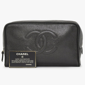 極美品 CHANEL シャネル コスメポーチ キャビアスキン ブラック ココマーク 2番台 クラッチバッグ ゴールド金具 中古 4a002951