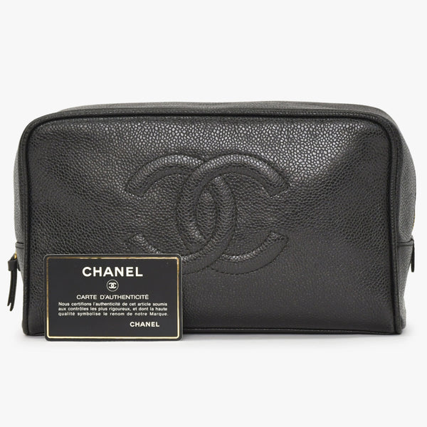 極美品 CHANEL シャネル コスメポーチ キャビアスキン ブラック ココマーク 2番台 クラッチバッグ ゴールド金具 中古 4a002951