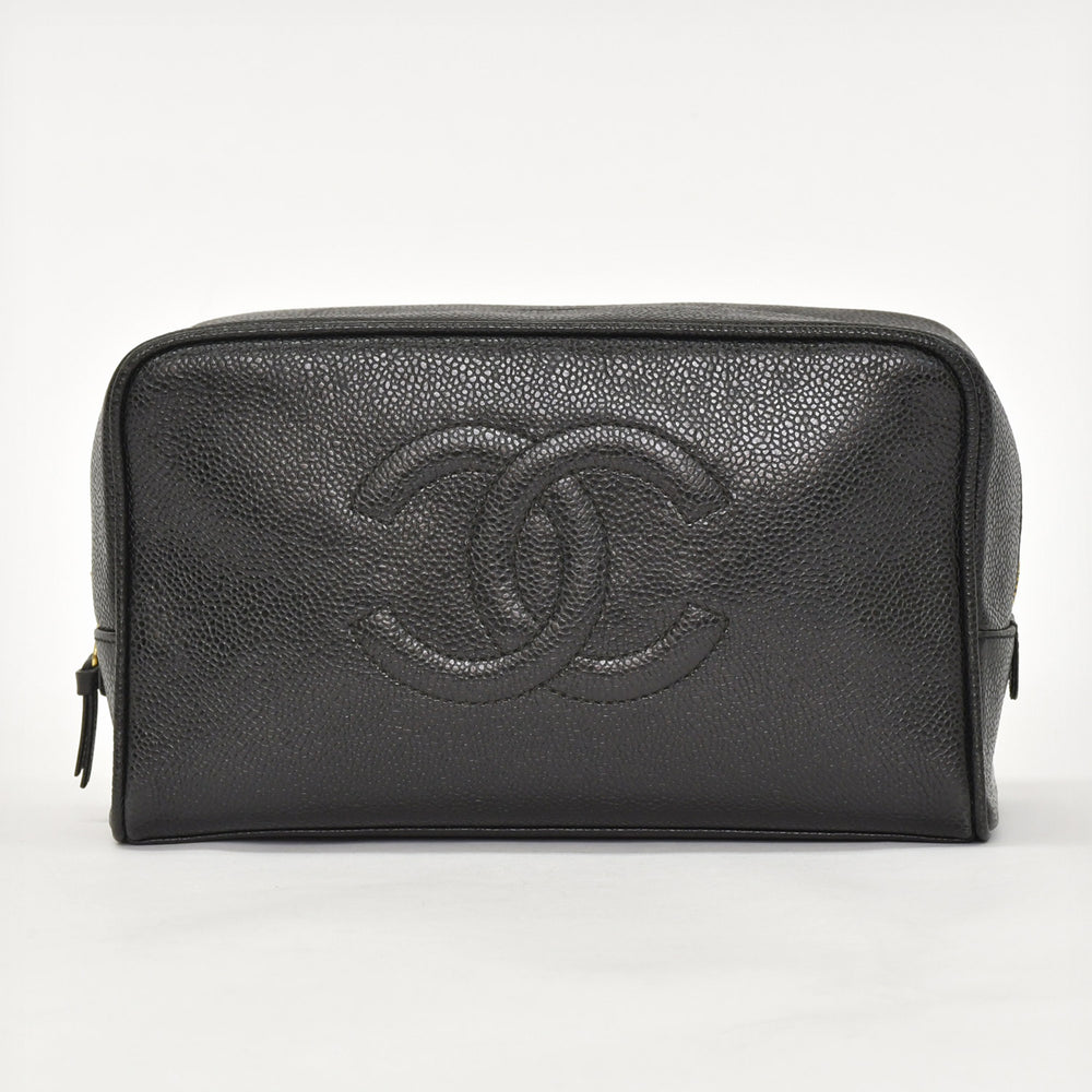 極美品 CHANEL シャネル コスメポーチ キャビアスキン ブラック ココマーク 2番台 クラッチバッグ ゴールド金具 中古 4a002951