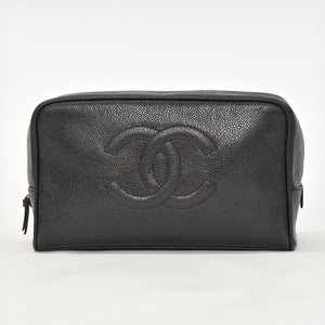 極美品 CHANEL シャネル コスメポーチ キャビアスキン ブラック ココマーク 2番台 クラッチバッグ ゴールド金具 中古 4a002951