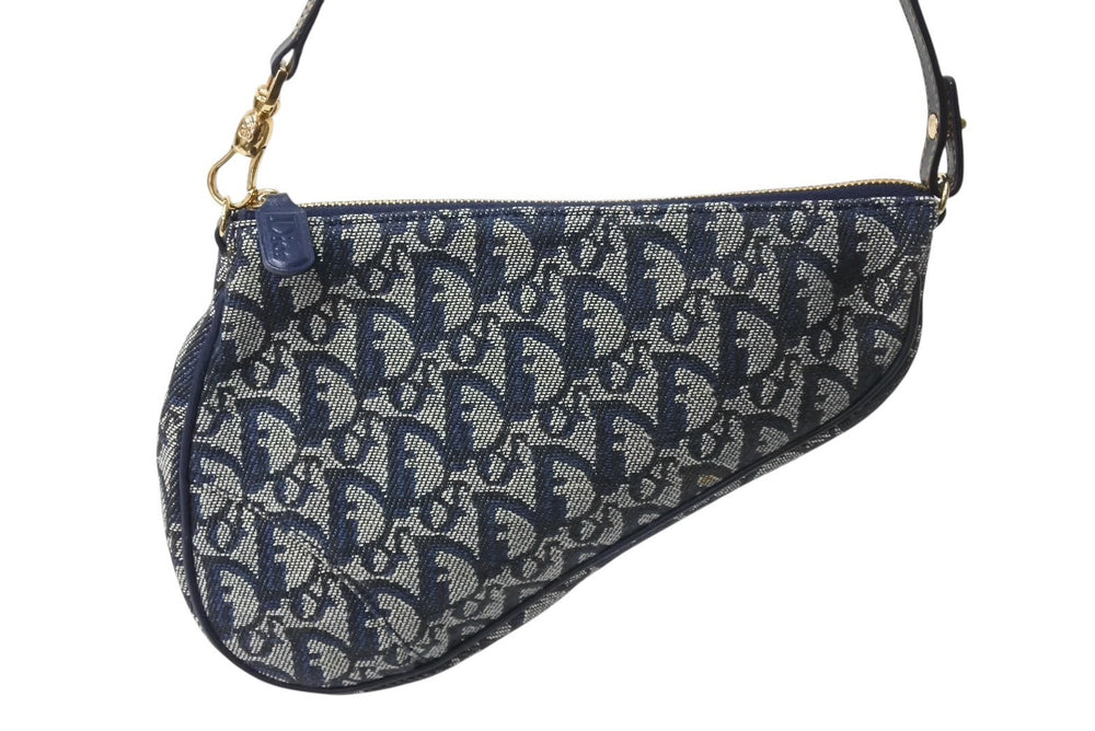 CHRISTIAN DIOR クリスチャンディオール サドルポーチ ワンショルダーバッグ MC1021 ネイビー キャンバス レザー ゴールド金具 美品 4b002688