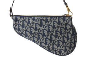 CHRISTIAN DIOR クリスチャンディオール サドルポーチ ワンショルダーバッグ MC1021 ネイビー キャンバス レザー ゴールド金具 美品 4b002688